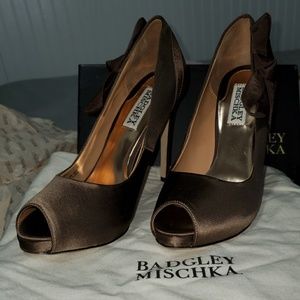 Brown Satin Peep Toe Pumps never worn